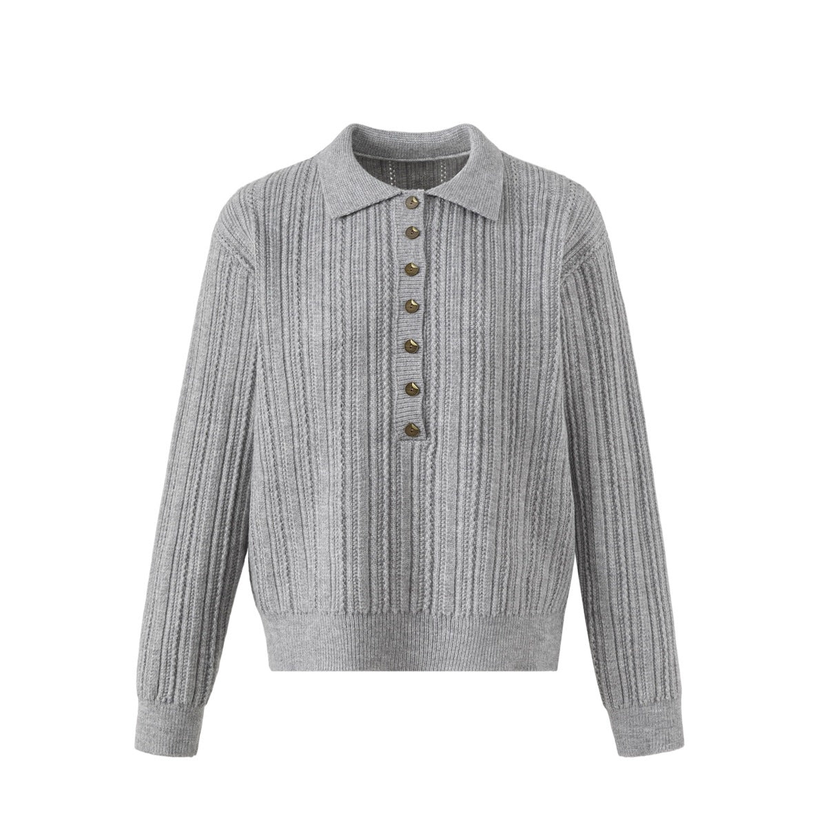 Gray ribbed knit polo-collar sweater with bronze-tone buttons, front view without fur-style collar, flat lay