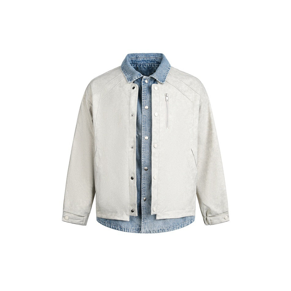 Gray snap-front jacket with a light blue denim-look collar and layered placket, flat front view