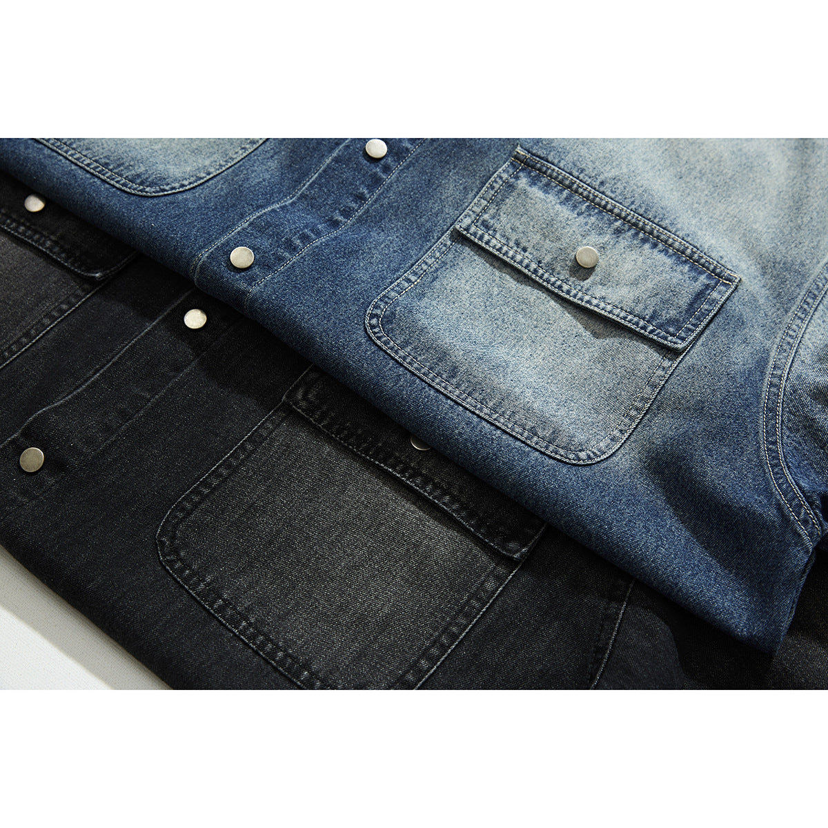 Overlapping blue and black denim shirts show front pockets, contrast fading, stitching, and metal snaps.