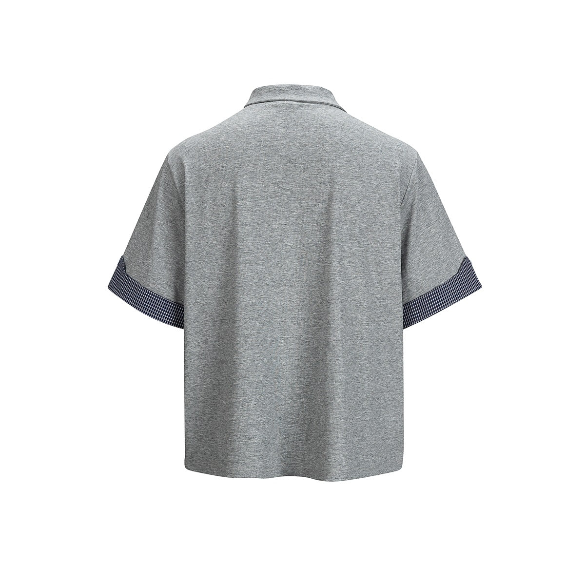 Back view of a heather-gray short-sleeve top with navy-and-white checked sleeve cuffs.