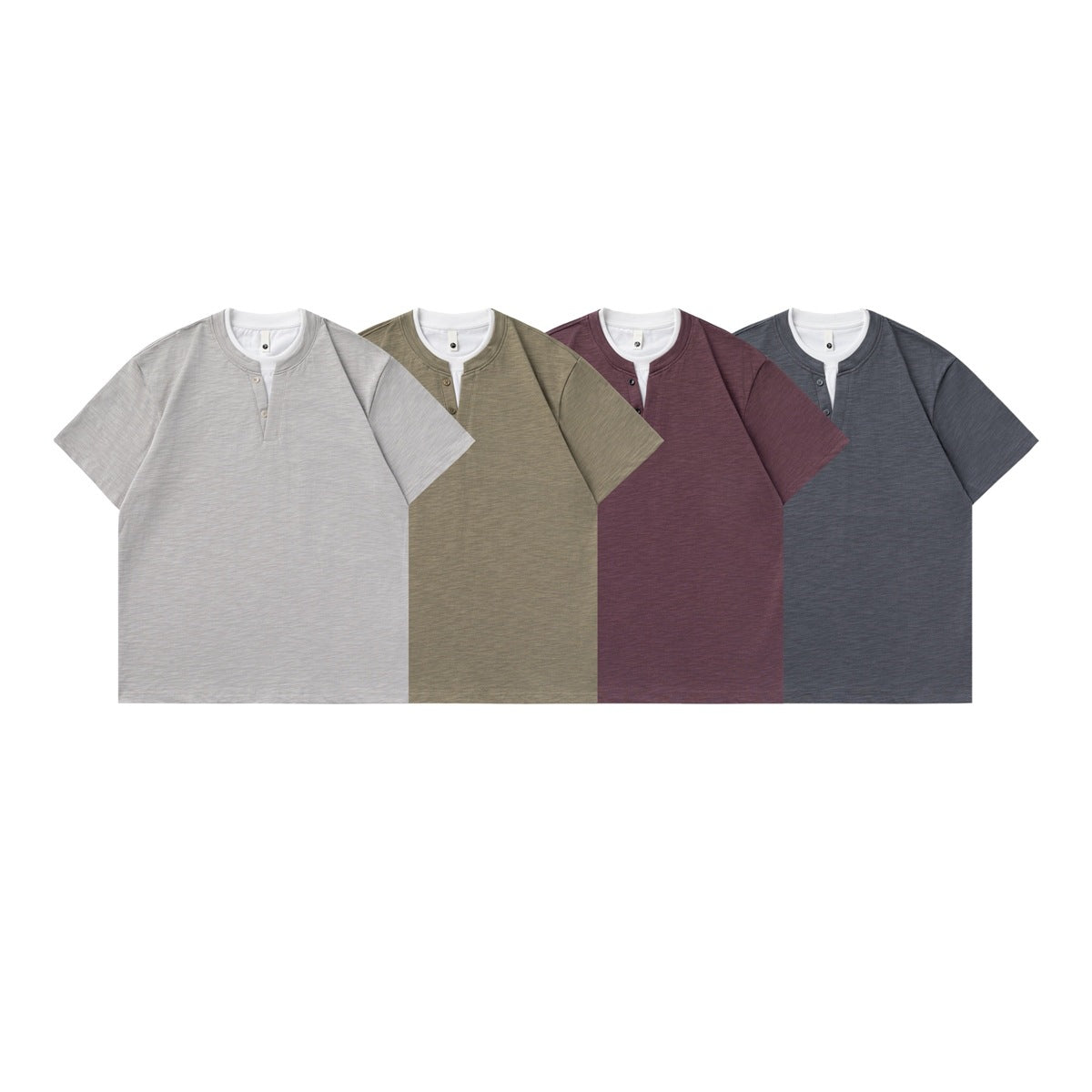 Four short-sleeve Henley shirts shown from the front in light gray, olive, burgundy, and charcoal.