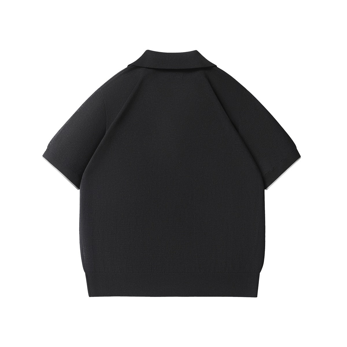 Back view of a black short-sleeve collared knit shirt with ribbed sleeve cuffs and hem.