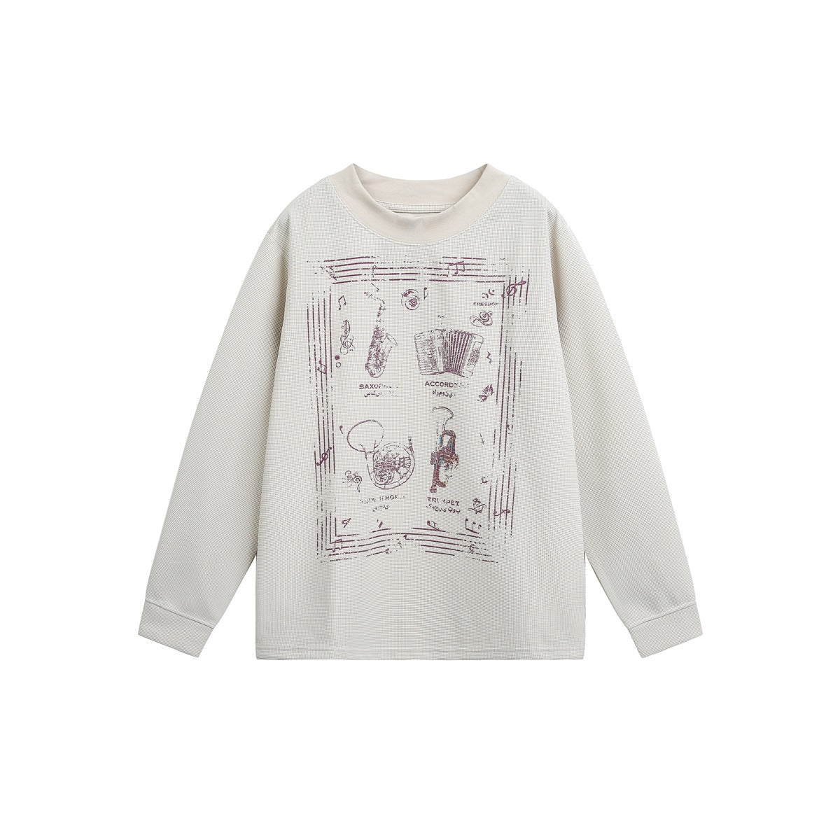 Beige waffle-textured crew neck sweatshirt with a distressed musical instrument graphic on the front, flat view
