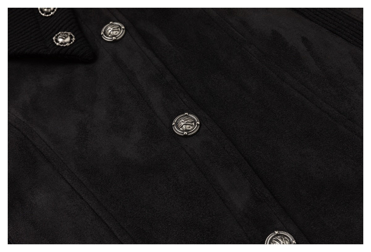 Close-up of the black jacket's front fabric, seams, and decorative silver buttons.