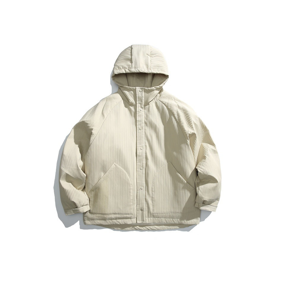 Front view of an ivory ribbed hooded jacket with snap closure, raglan sleeves, and two patch pockets.