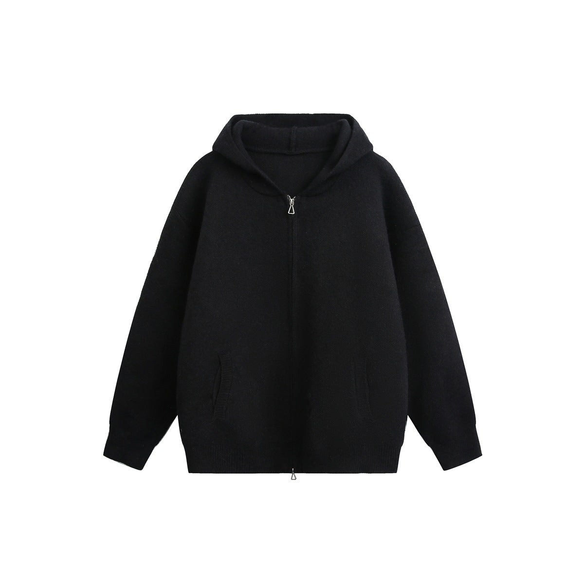 Black knit zip-up hooded jacket, flat front view with front pockets and ribbed cuffs and hem