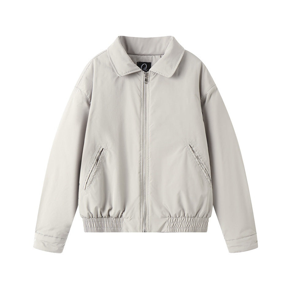 Light gray zip-front bomber jacket with pointed collar, slanted pockets and elastic hem, shown flat from the front