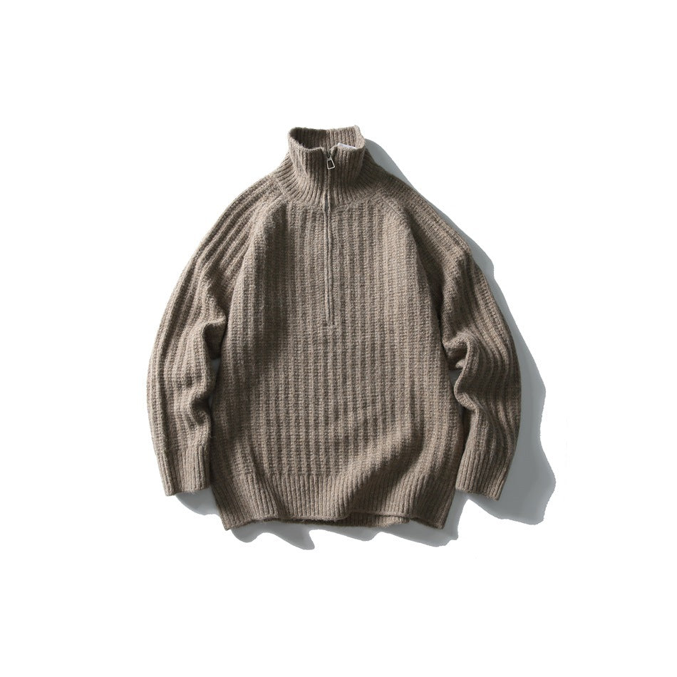 Khaki taupe ribbed half-zip high-collar sweater laid flat, front view