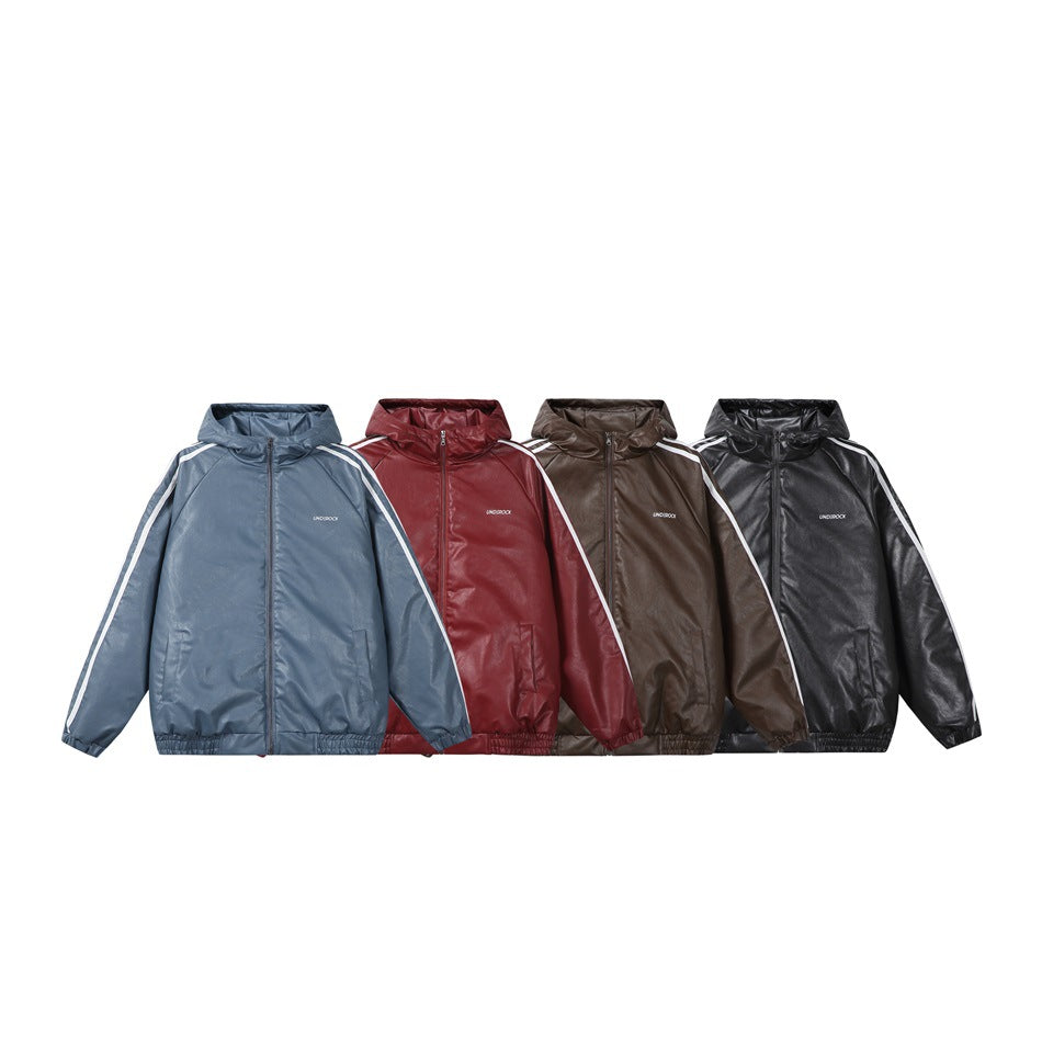 Four hooded zip jackets displayed together in blue, burgundy, brown, and black, each with white sleeve stripes.