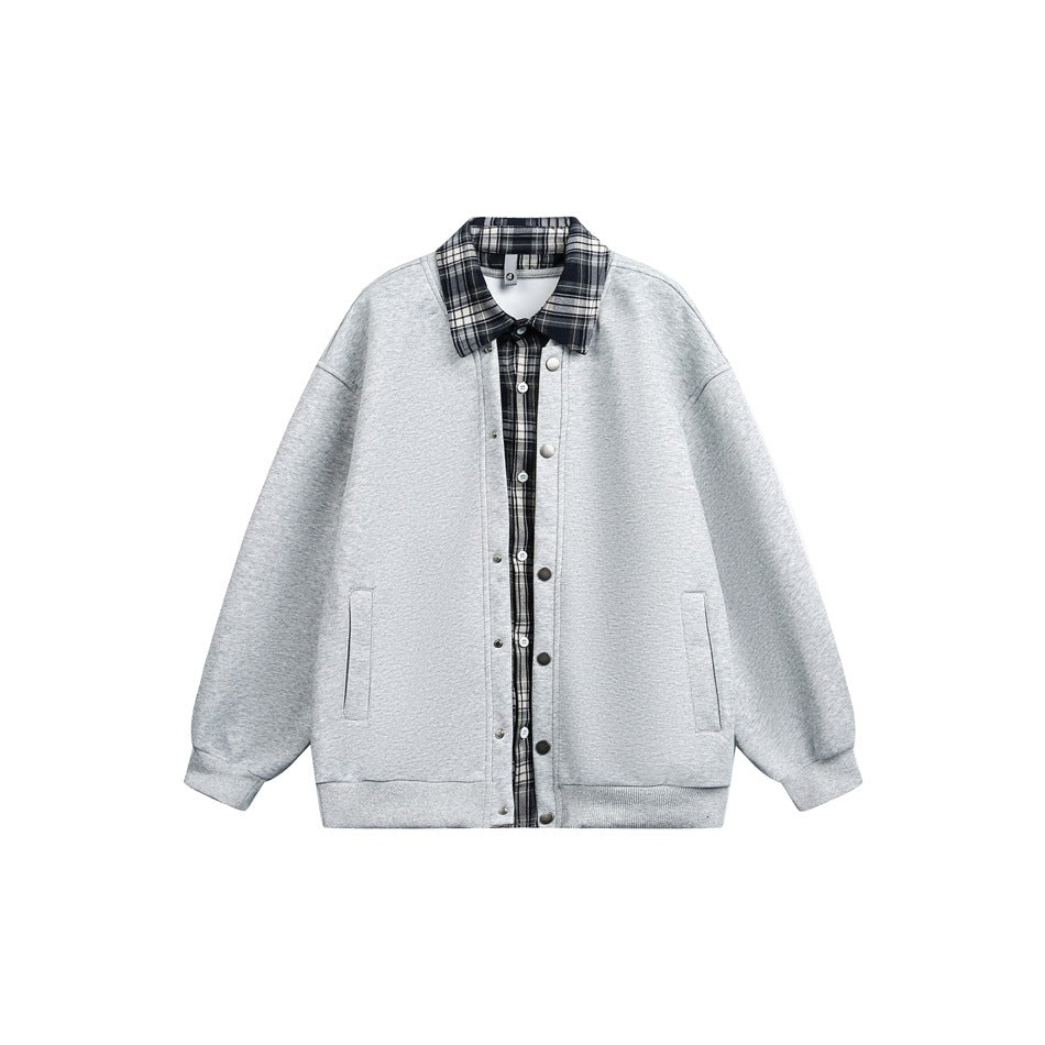 Heather gray snap-front jacket with attached navy and white plaid shirt layer, flat lay front view