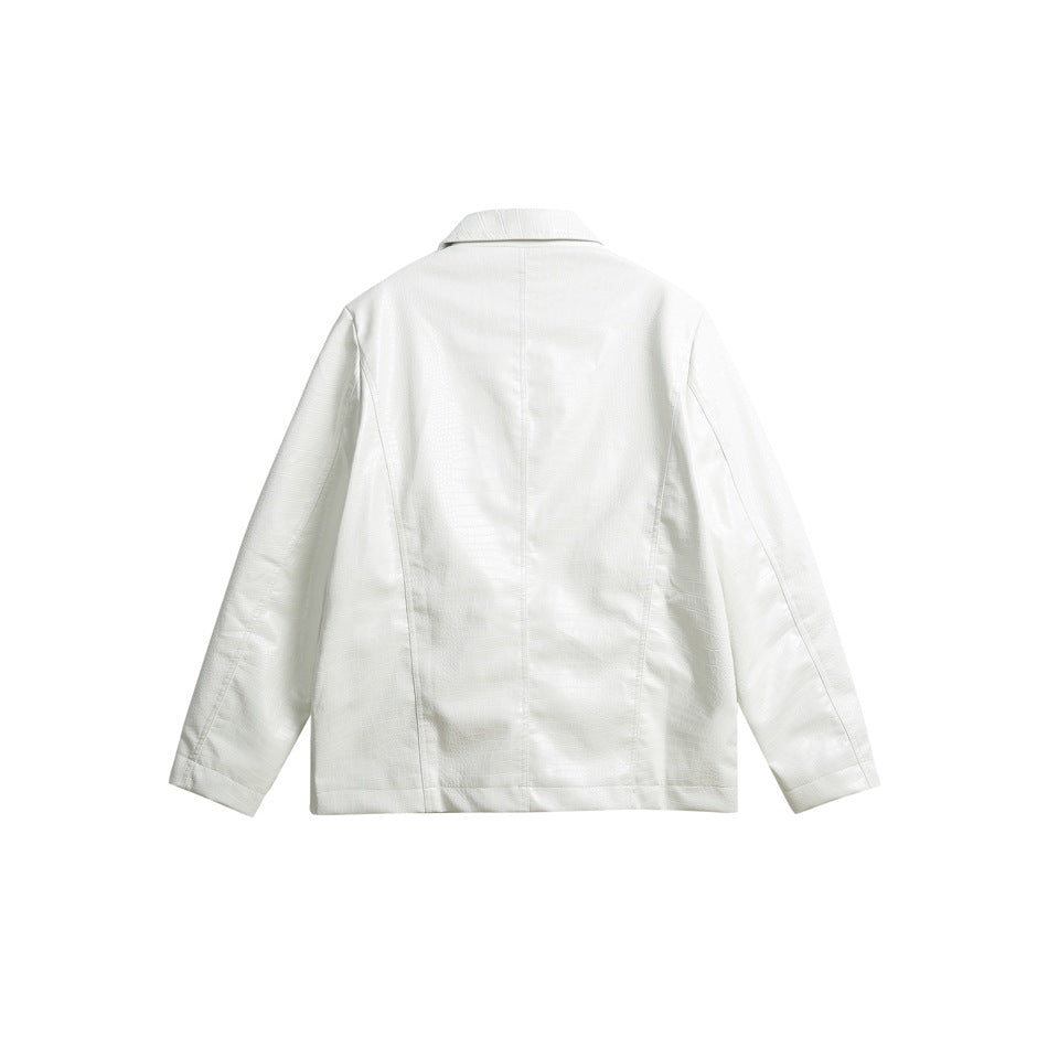 Back view of a white blazer, showing a center seam and long sleeves.