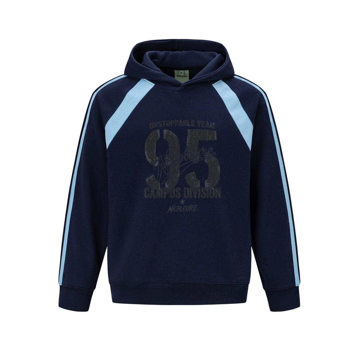 Navy pullover hoodie with light blue shoulder panels, sleeve stripes and a front 95 Campus Division graphic