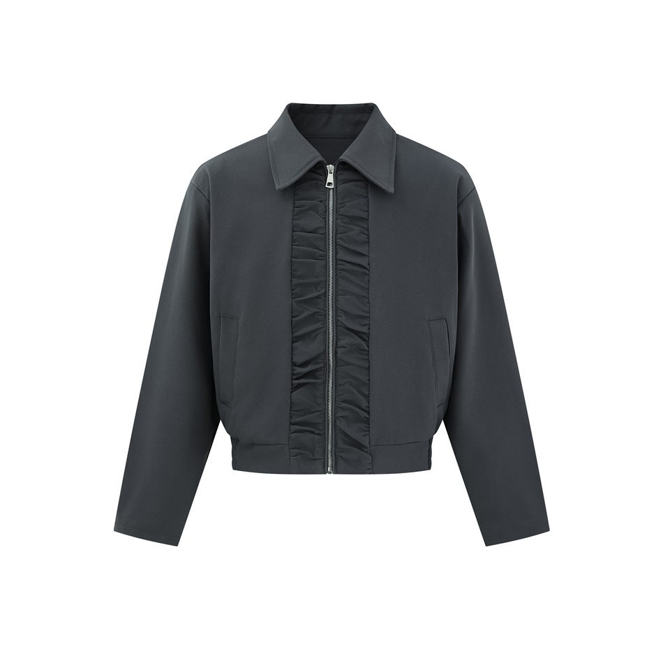 Gray cropped zip jacket with pointed collar, ruched center panel, front pockets and ribbed hem, flat front view