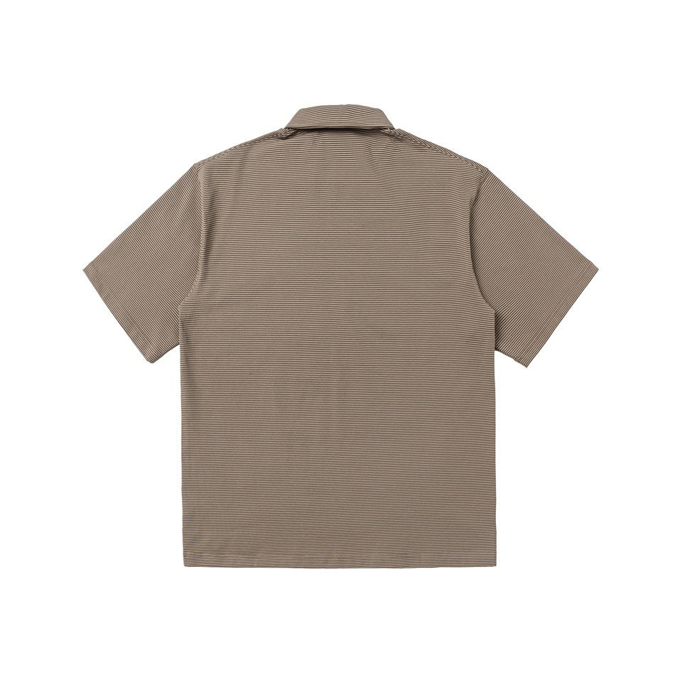 Back view of a taupe short-sleeve polo with fine horizontal stripes.