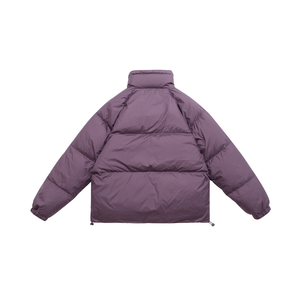 Back view of a plum quilted puffer jacket with a stand collar, horizontal baffles and elastic cuffs.