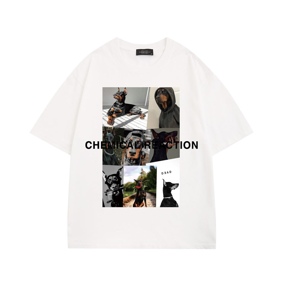 White short-sleeve T-shirt with a Doberman photo collage and black CHEMICAL REACTION text on the front