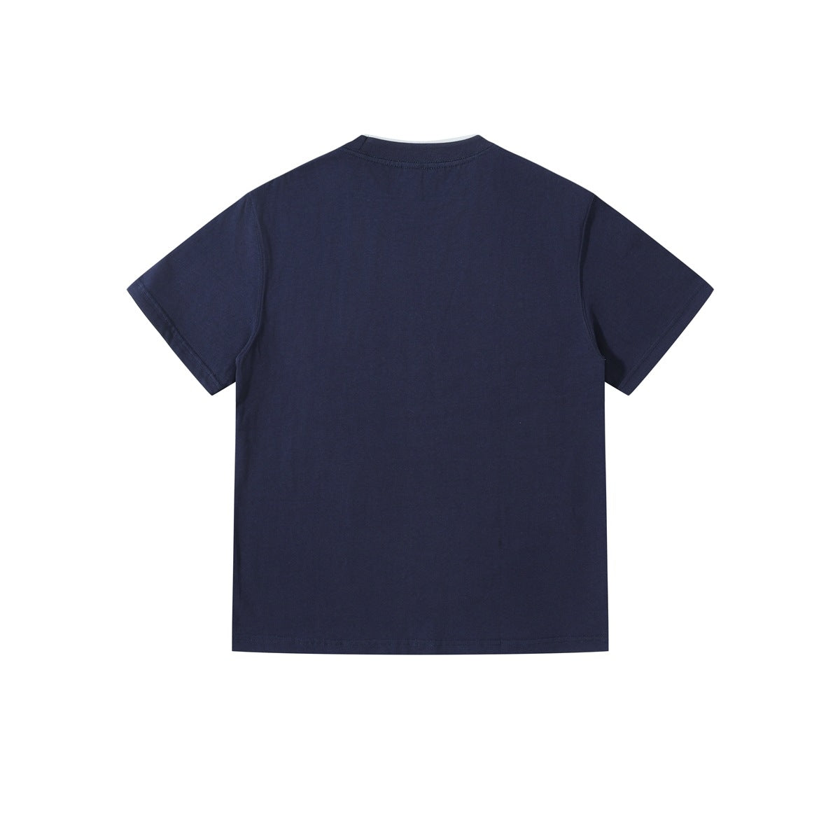 Navy short-sleeve crew-neck T-shirt, flat back view with plain back and stitched collar