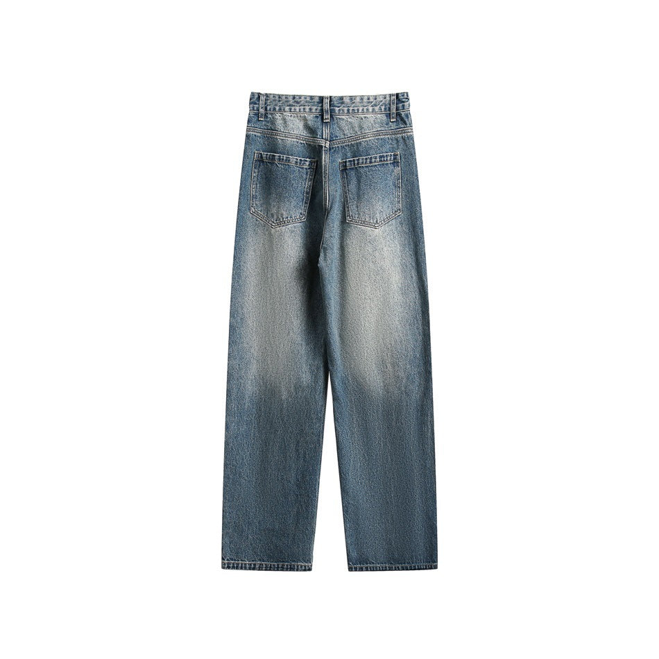 Full back view of blue wide-leg jeans with two patch pockets and faded, washed denim.