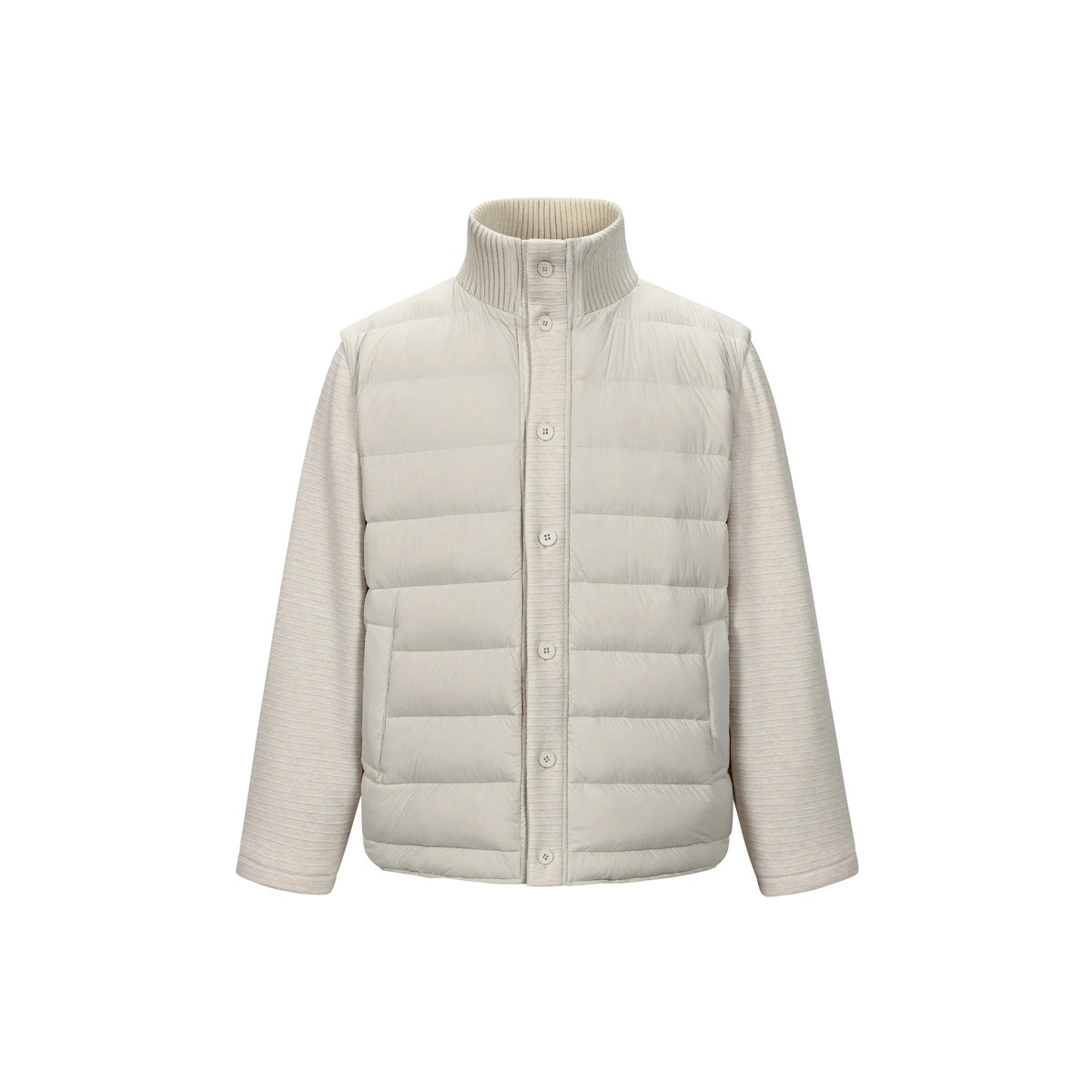 Off-white quilted stand-collar jacket with ribbed knit collar, button front and textured knit sleeves, flat front view