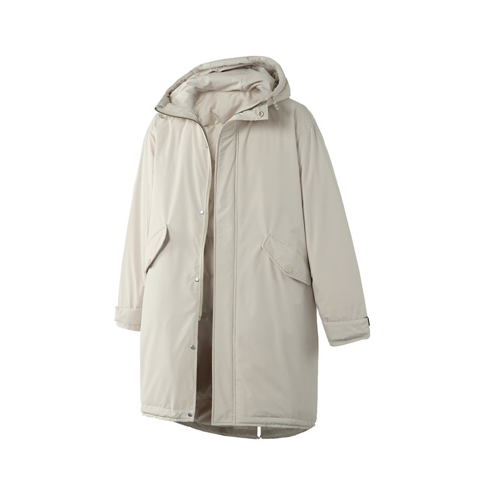 Light khaki long hooded jacket, shown open at the front with snap flap pockets and tabbed cuffs
