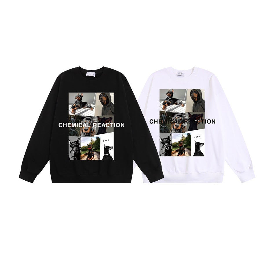 Black and white crewneck sweatshirts shown from the front, each with a dog collage and text graphic.