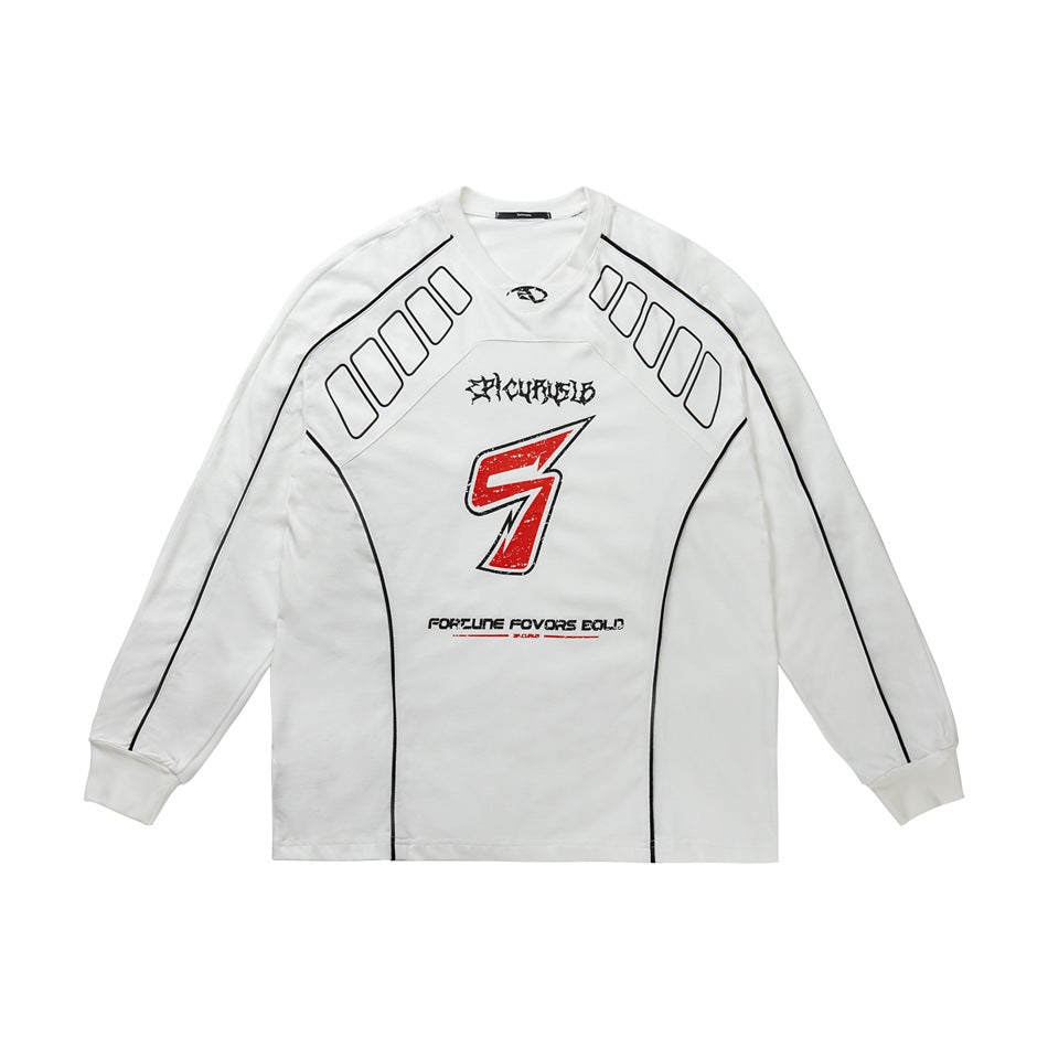 White long-sleeve top with black piping, shoulder outlines and a red and black front graphic, flat lay front view