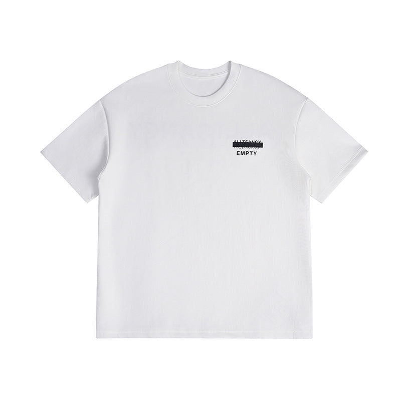 White short-sleeve crew-neck T-shirt flat lay with a small black EMPTY text graphic on the left chest