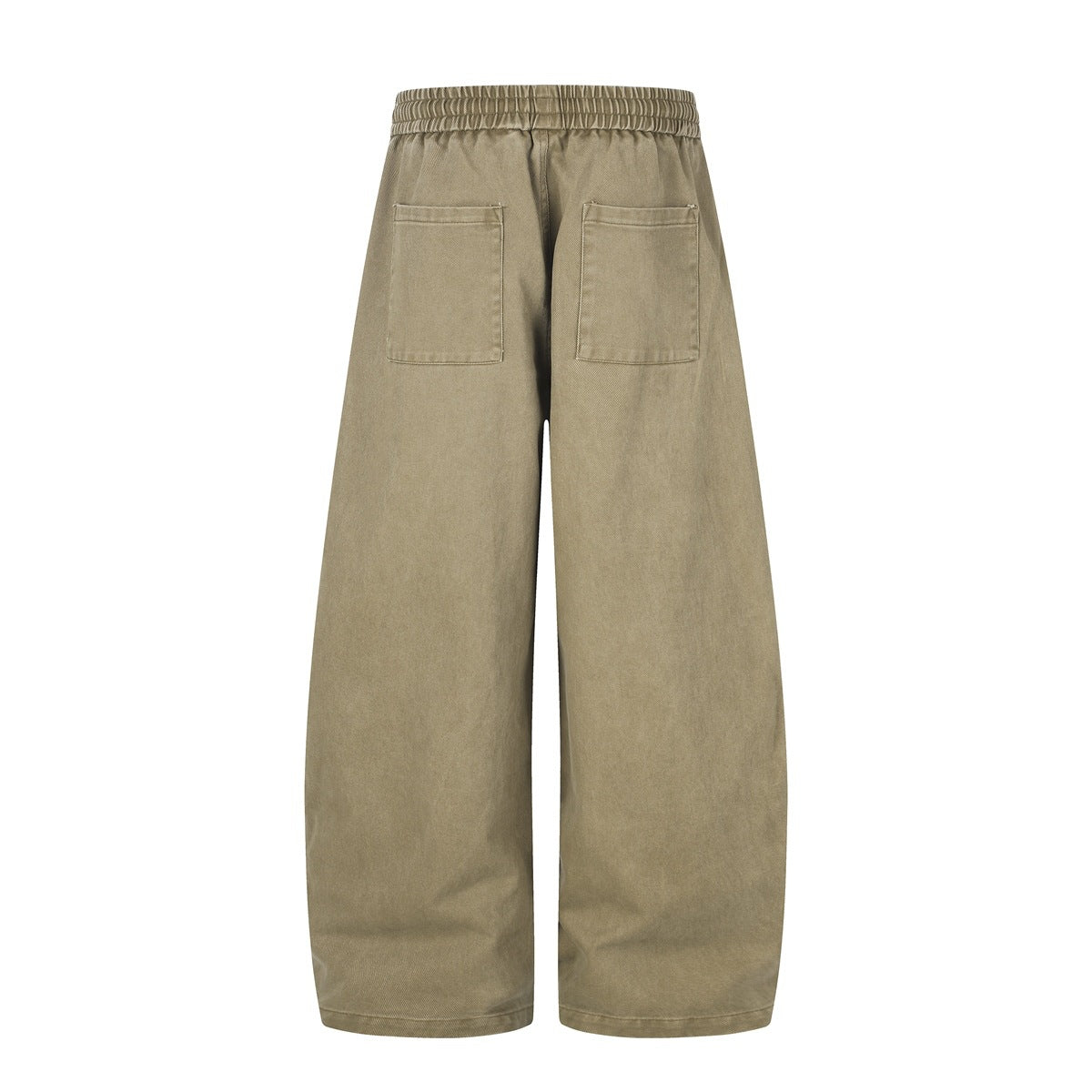 Back view of khaki wide-leg pants with an elastic waistband and two patch pockets.