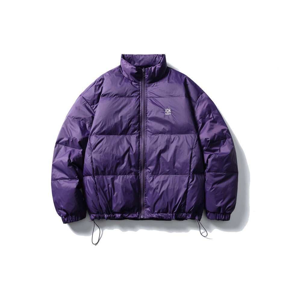 Front view of a purple quilted puffer jacket with a stand collar, full zipper, elastic cuffs, and drawcord hem.