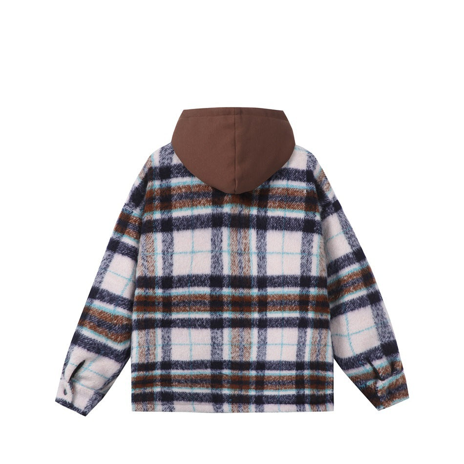 Back of a white plaid hooded jacket with navy, brown and turquoise lines and a solid brown hood.