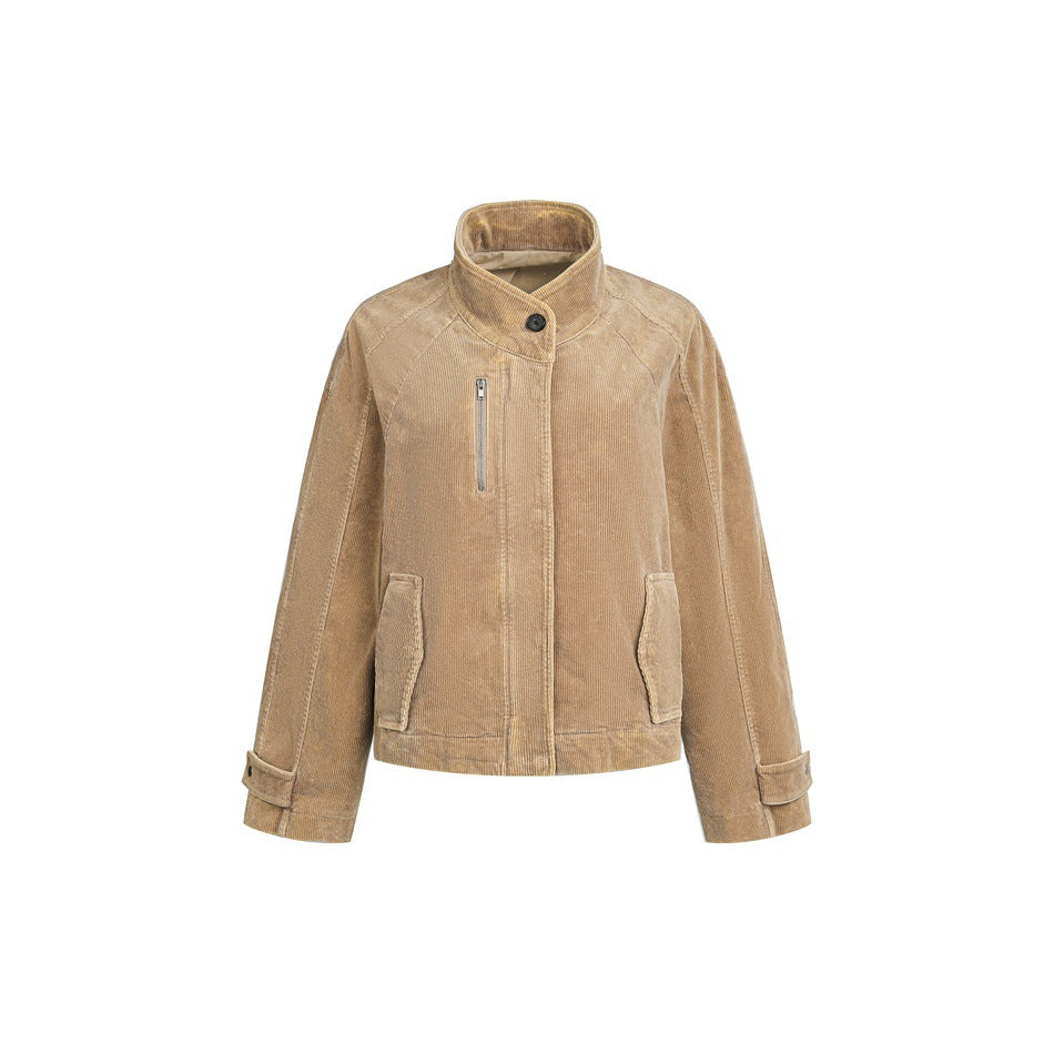 Khaki corduroy stand-collar short jacket, front view, with chest zip pocket, flap pockets and tab cuffs
