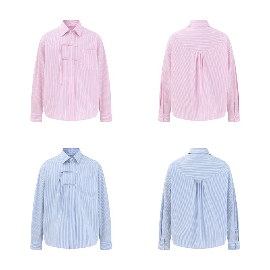 Pink and blue striped shirts shown in front and back views, back with curved yoke and center pleat
