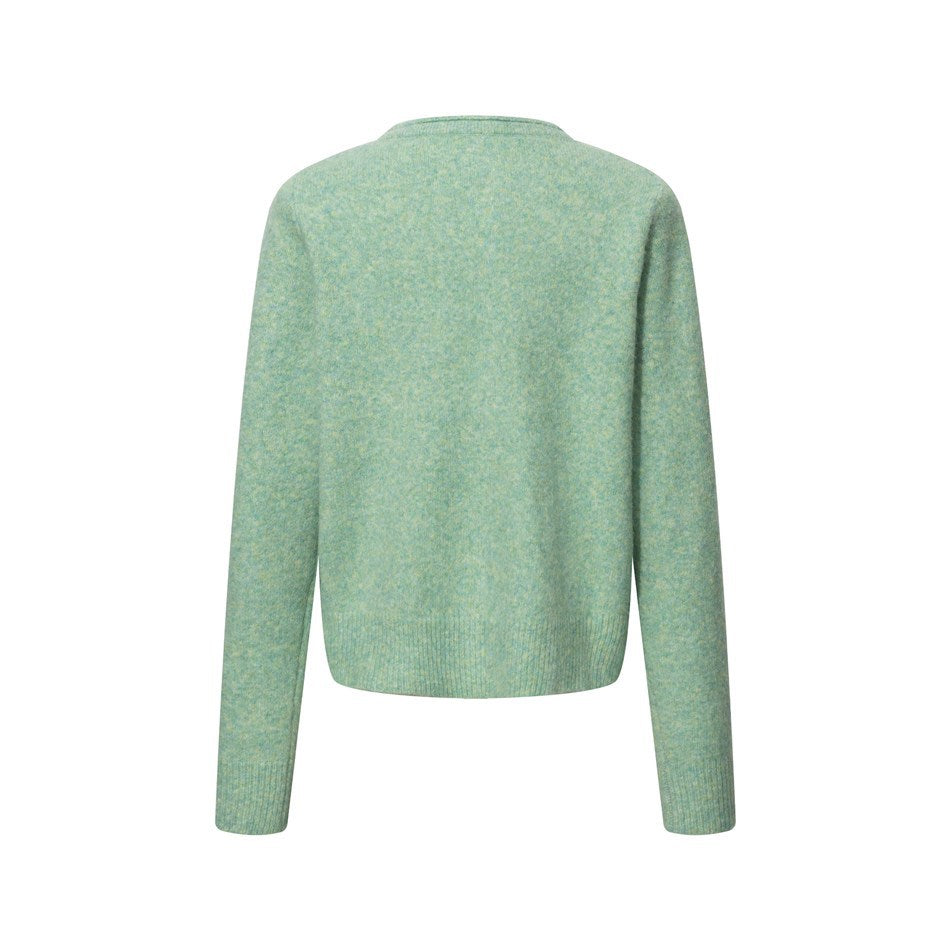 Back view of mint green heathered knit cardigan with ribbed hem and cuffs, flat lay