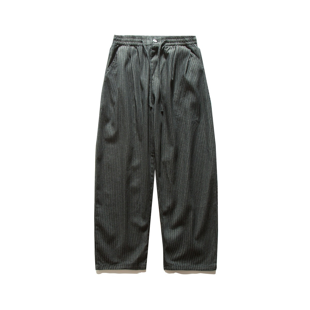 Dark charcoal pinstripe wide-leg pants with elastic drawstring waistband and button, flat lay front view