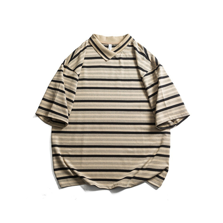 Khaki short-sleeve T-shirt with black horizontal stripes and a folded V-neck collar, flat lay