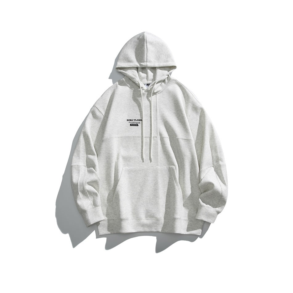 Light gray heathered pullover hoodie flat lay with drawstring hood, kangaroo pocket and small chest print