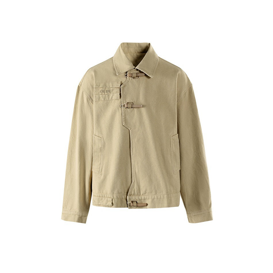 Khaki canvas-style jacket front flat view with collar, toggle buckle closure, chest pocket and side pockets