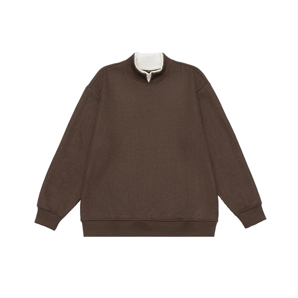 Brown ribbed knit-look pullover with white inner collar layer, flat front view