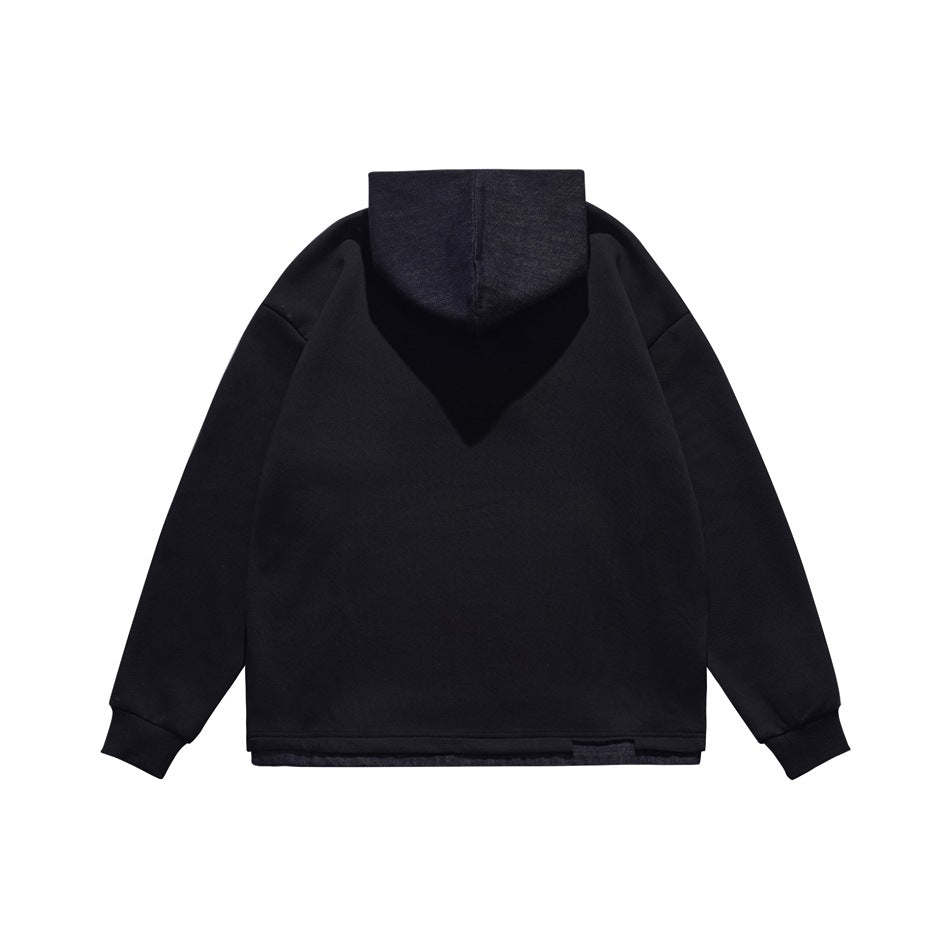 Back view of a black pullover hoodie with a contrasting charcoal hood and ribbed cuffs and hem.
