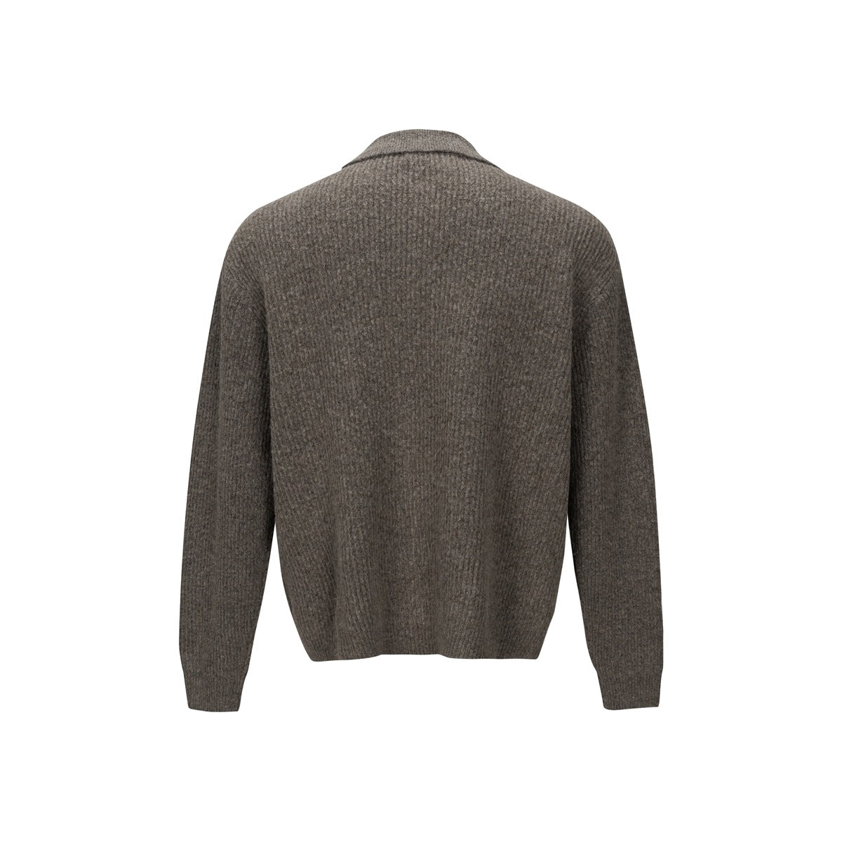 Back view of brown ribbed-knit cardigan with collar on white background