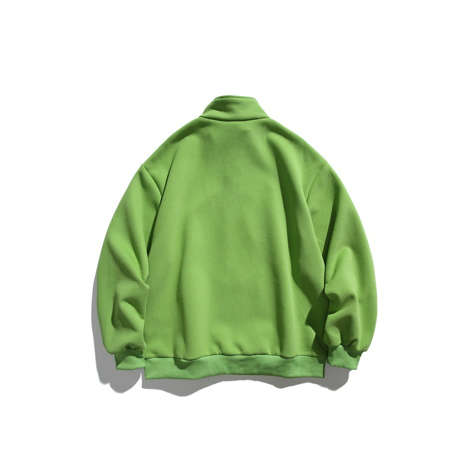 Back view of a plain lime-green quarter-zip sweatshirt with a raised collar and ribbed hem and cuffs.