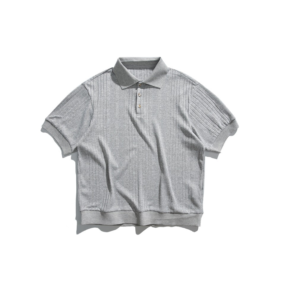 Heather gray ribbed knit short-sleeve polo shirt with button placket and ribbed hem band, flat lay