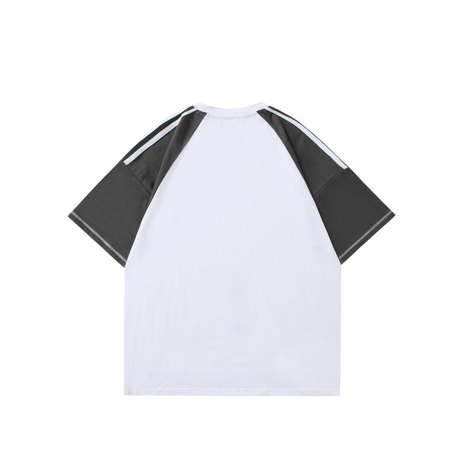 Back view of a white T-shirt with charcoal raglan sleeves and narrow light blue shoulder stripes.
