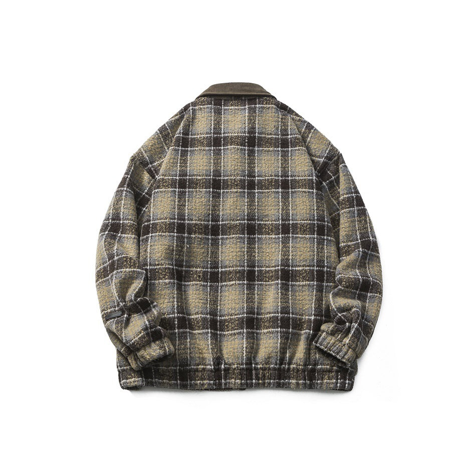 Back view of brown plaid jacket with corduroy-look collar, elastic cuffs and ribbed hem, flat lay