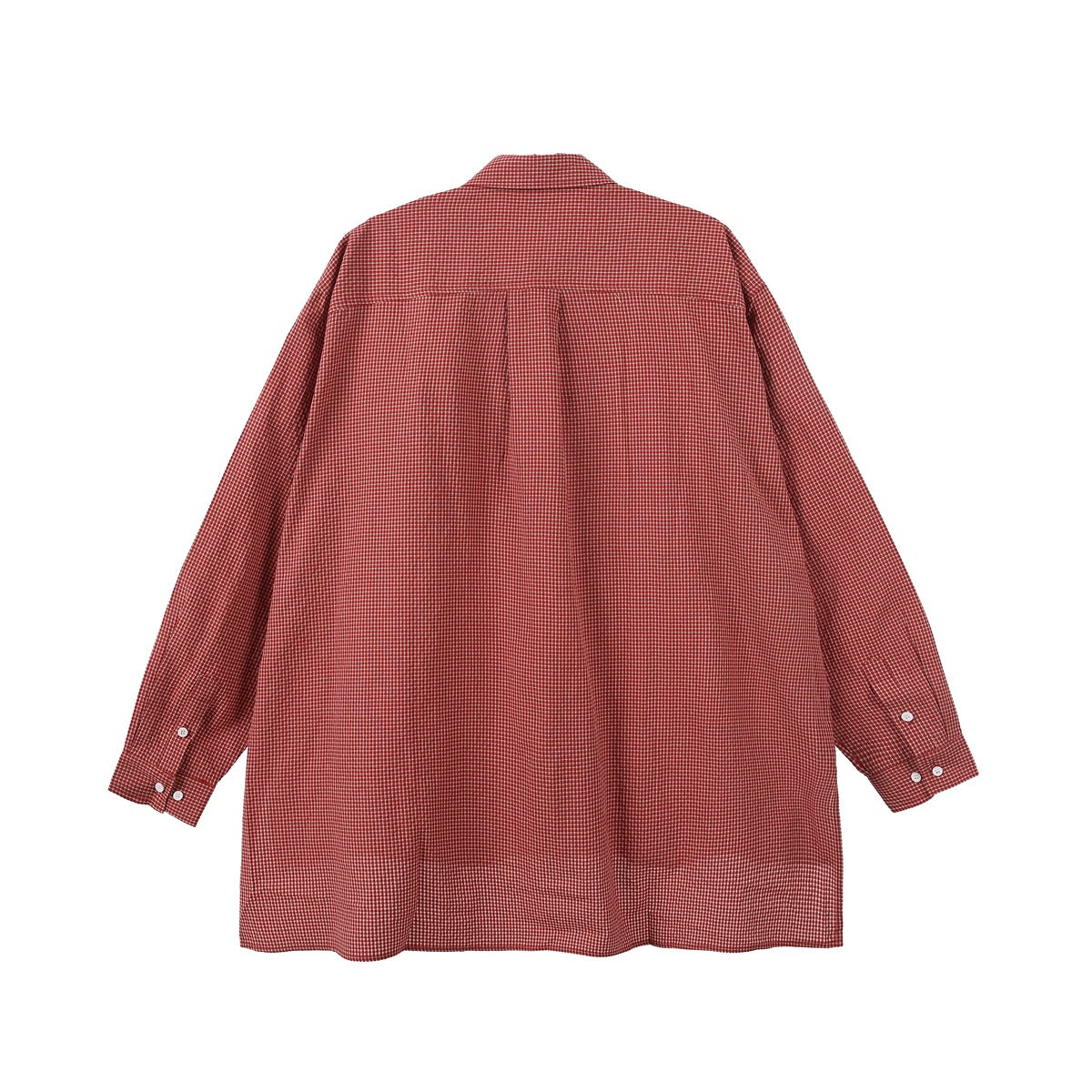 Back view of a long-sleeved red and white micro-check shirt with a center pleat.