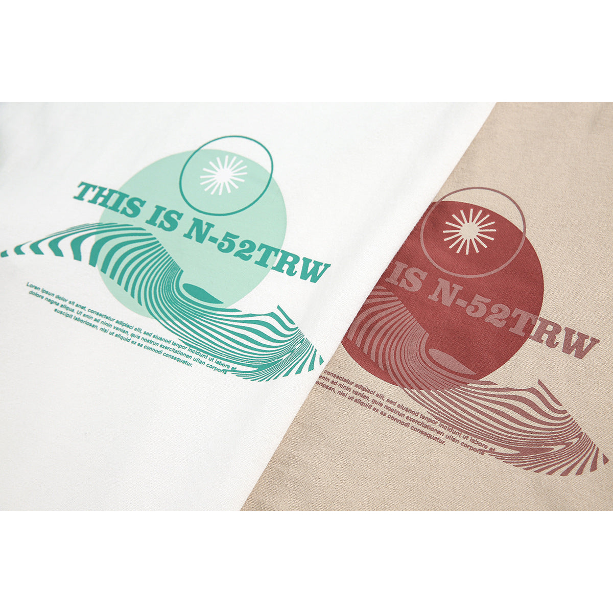 Close-up of teal and burgundy graphic prints on white and beige shirt fabric.