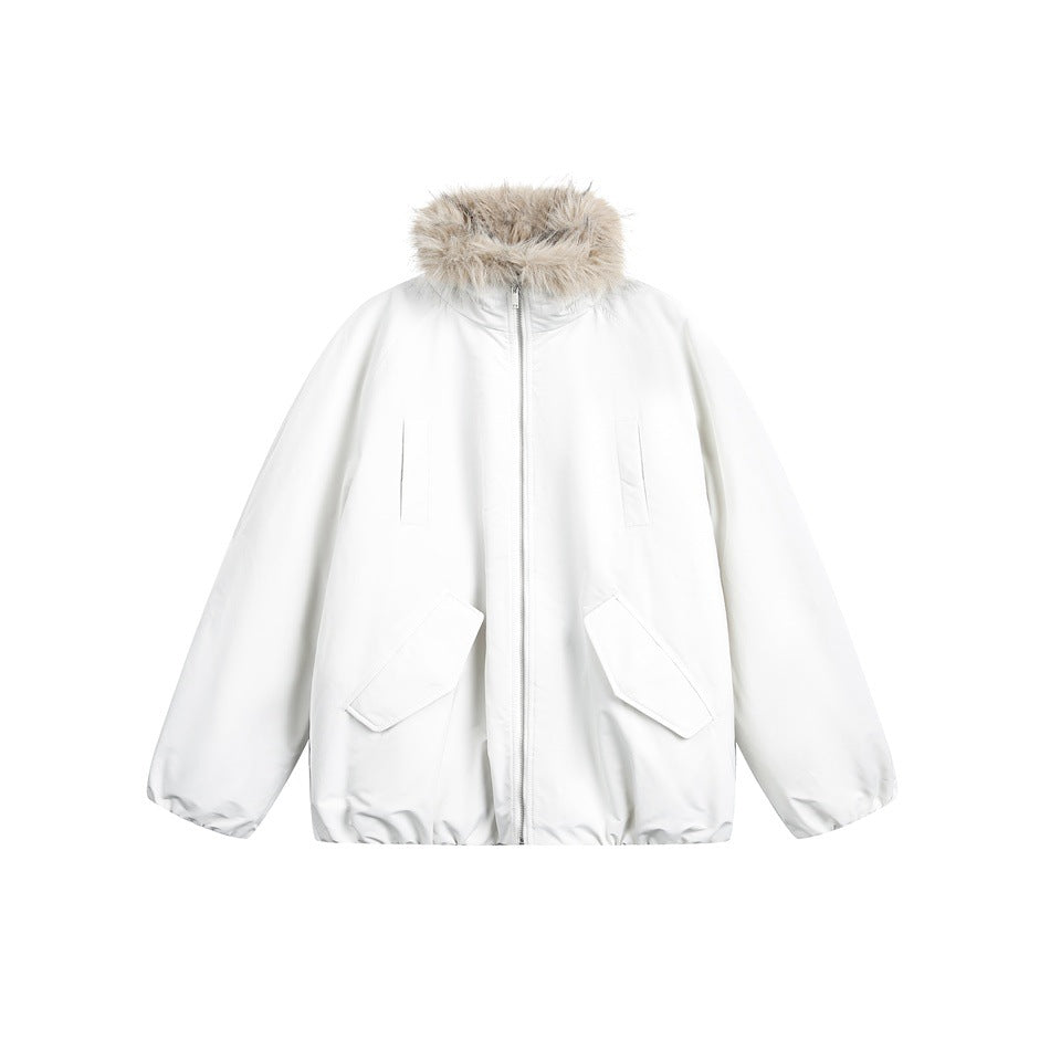 Off-white zip-up jacket with fluffy beige collar trim, flap pockets and elastic cuffs, flat lay on white