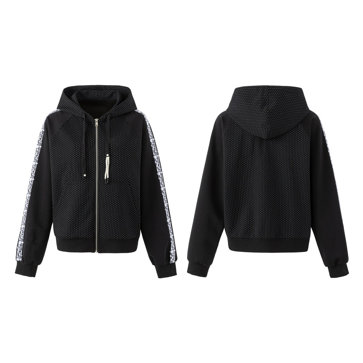 Black zip hoodie shown from front and back, with tiny white dots, drawstring hood, and white music-note sleeve stripes.