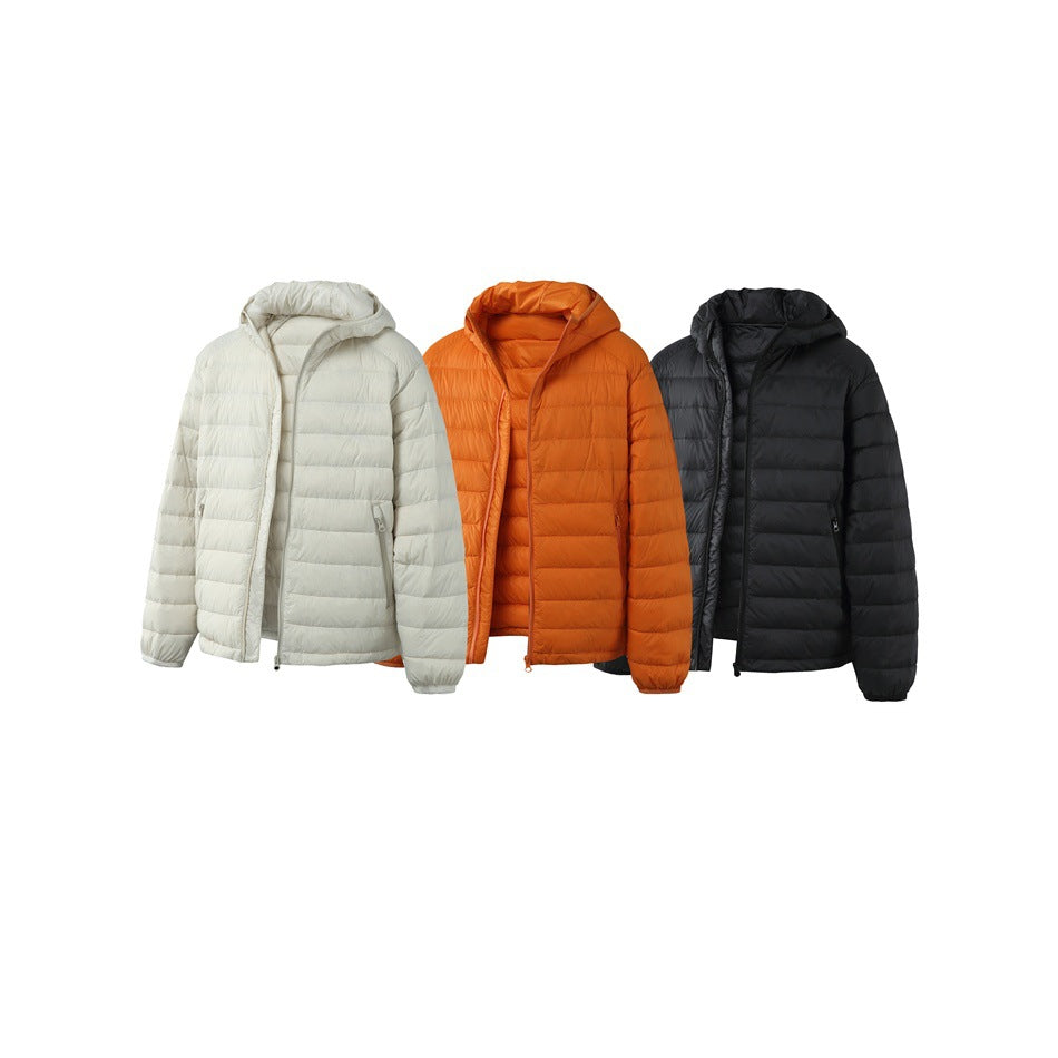 Three hooded quilted puffer jackets shown together in ivory, orange, and black.