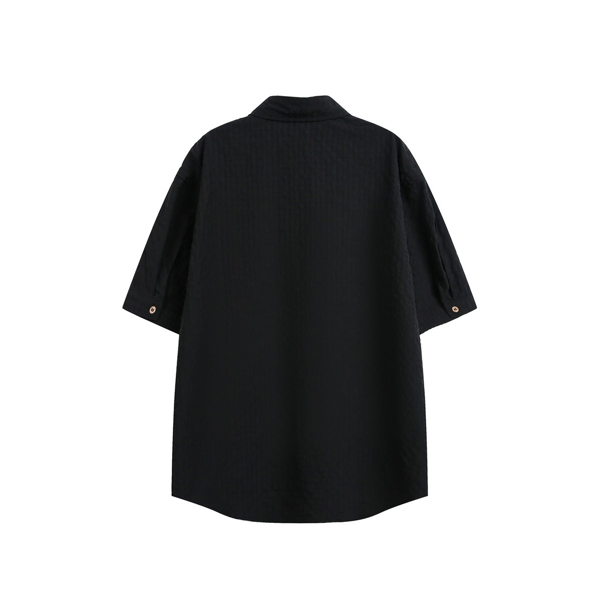 Back view of a black short-sleeve button-up shirt with a pointed collar and buttons at the sleeve hems.